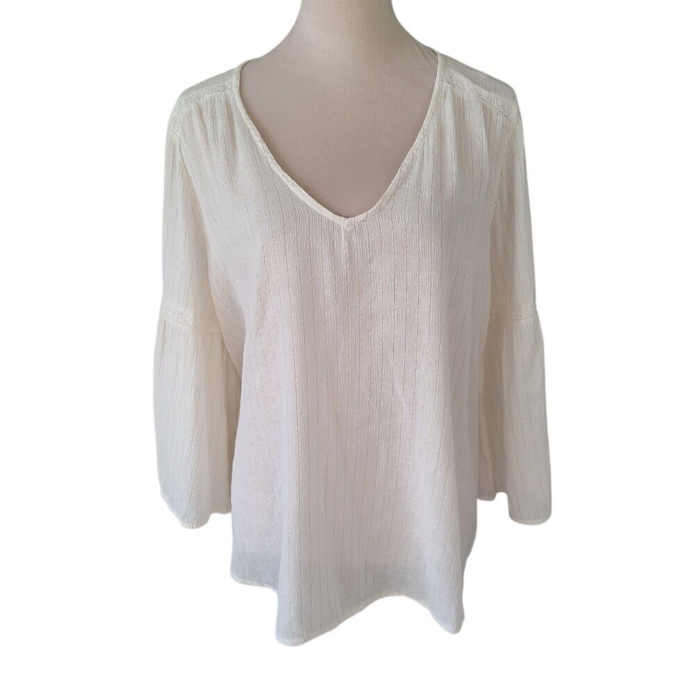 Old Navy Womens XL White Metallic Stripes Lace Trim Bell Sleeves Top Cottagecore